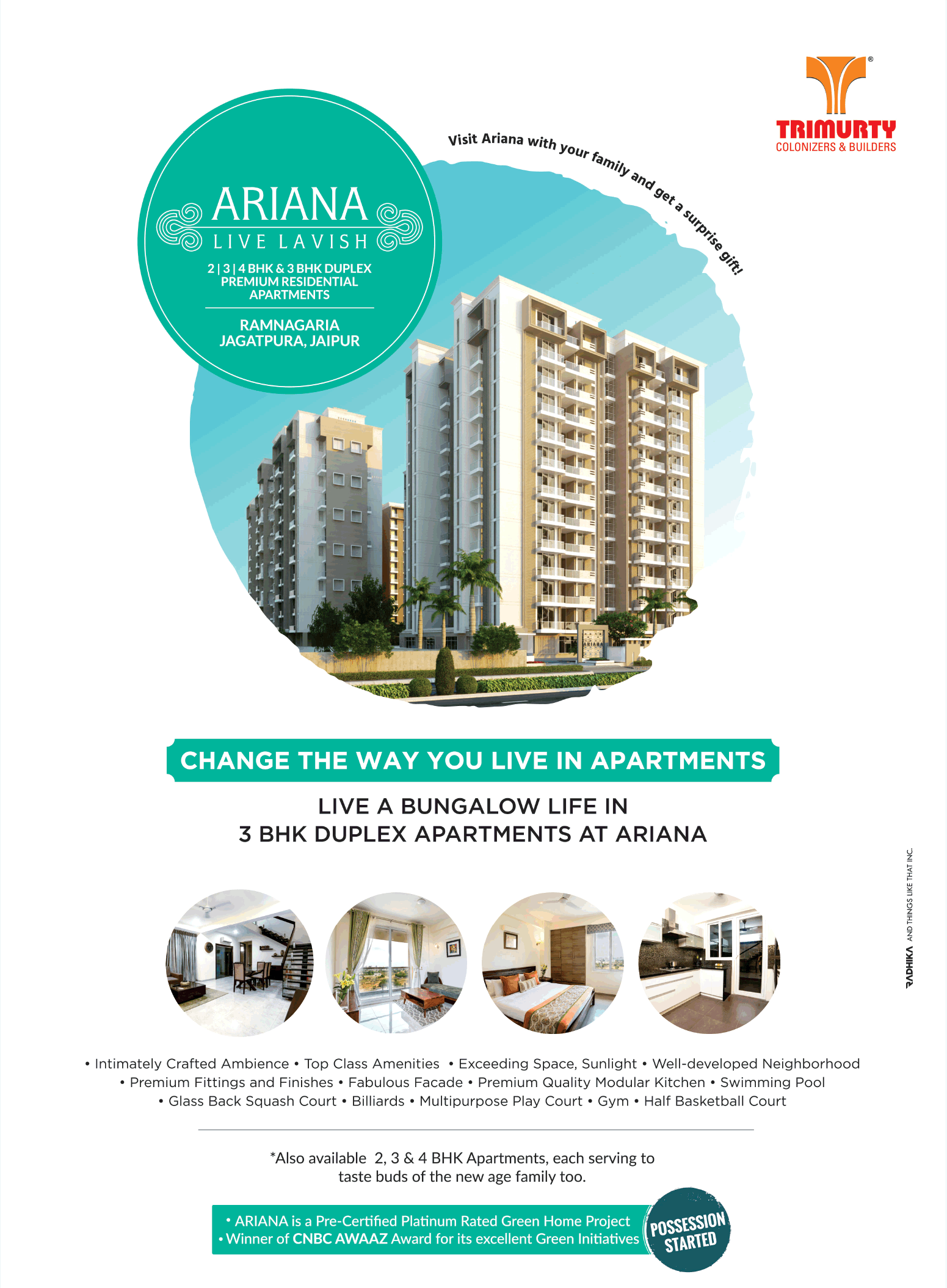 Live a bungalow life in 3 bhk duplex apartments at Trimurty Ariana in Jaipur Update